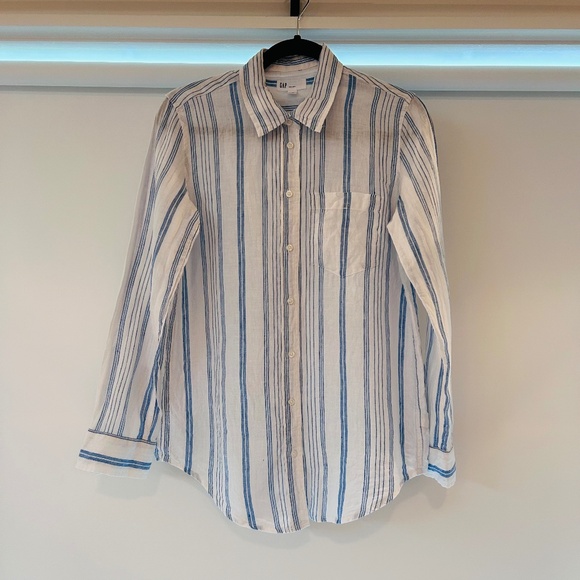 GAP Linen Boyfriend Striped Botton-up Shirt - Picture 1 of 3